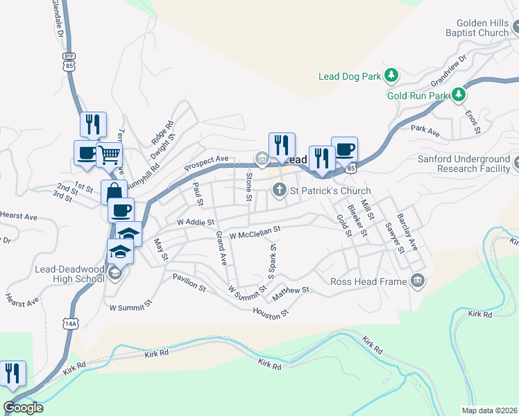 map of restaurants, bars, coffee shops, grocery stores, and more near 101 Lower Spark Street Lead in Lead