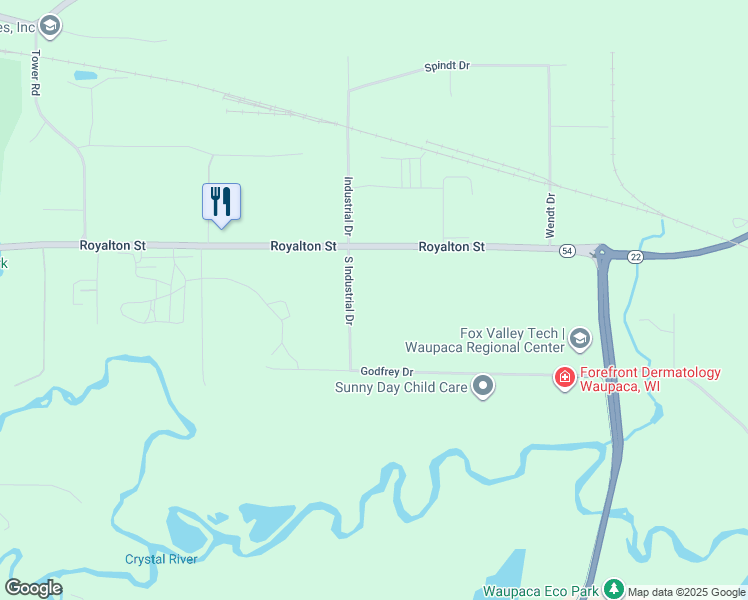 map of restaurants, bars, coffee shops, grocery stores, and more near 777 Industrial Drive in Waupaca