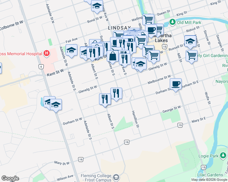 map of restaurants, bars, coffee shops, grocery stores, and more near 45 Sussex Street South in Kawartha Lakes