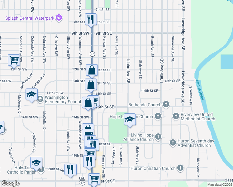 map of restaurants, bars, coffee shops, grocery stores, and more near 1399 Iowa Avenue Southeast in Huron