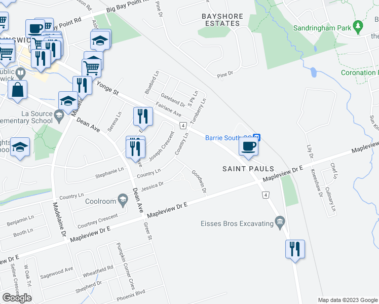 map of restaurants, bars, coffee shops, grocery stores, and more near 95 Goodwin Drive in Barrie