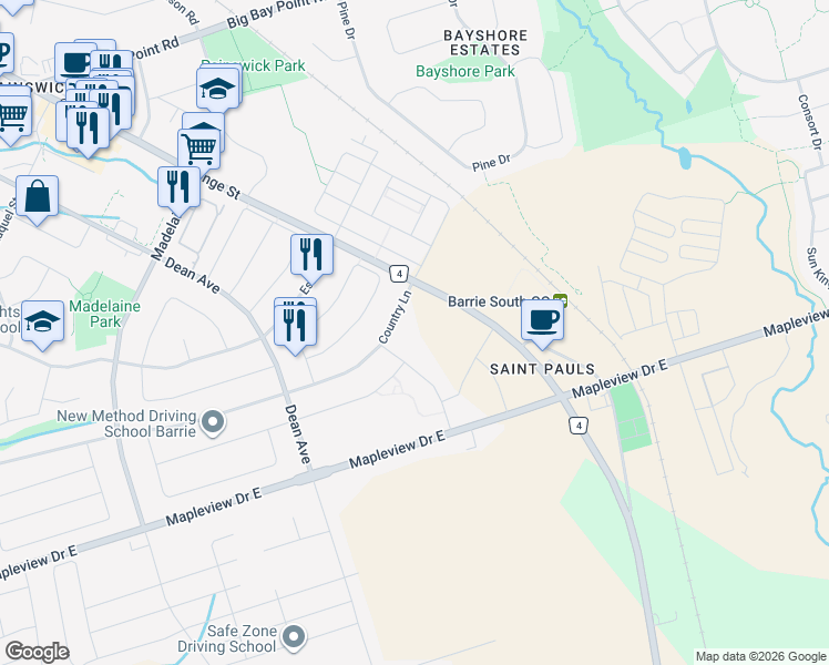 map of restaurants, bars, coffee shops, grocery stores, and more near 95 Goodwin Drive in Barrie