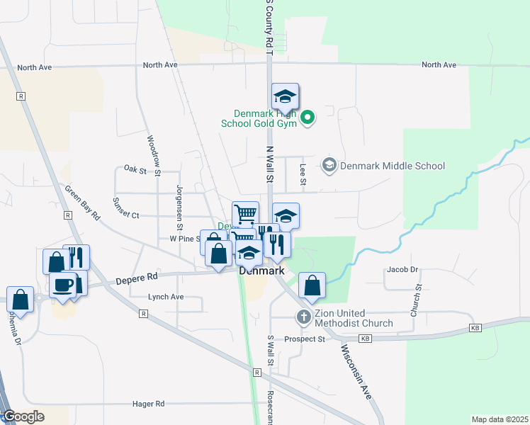 map of restaurants, bars, coffee shops, grocery stores, and more near 283 North Wall Street in Denmark