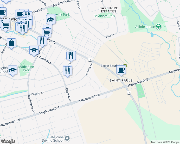 map of restaurants, bars, coffee shops, grocery stores, and more near 93 Goodwin Drive in Barrie