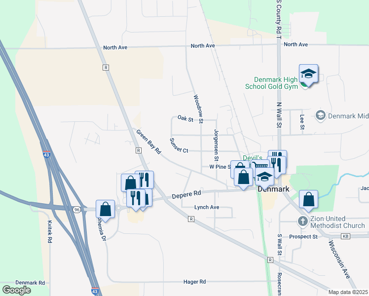 map of restaurants, bars, coffee shops, grocery stores, and more near 446 Sunset Court in Denmark