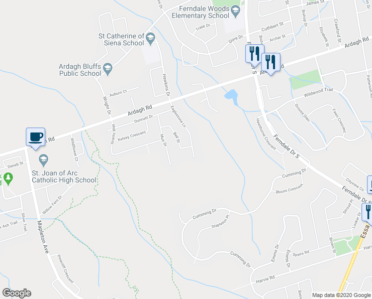 map of restaurants, bars, coffee shops, grocery stores, and more near 3 Bell Street in Barrie