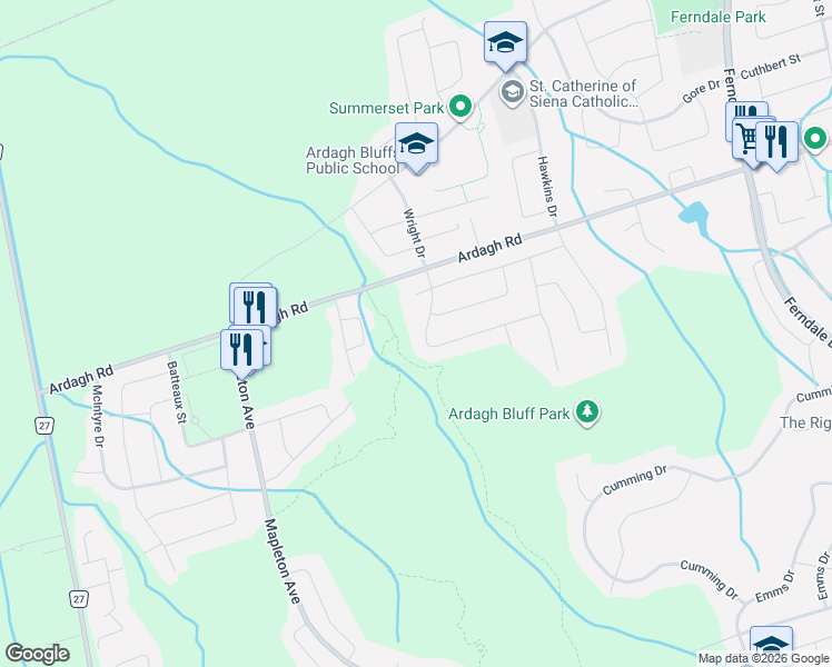 map of restaurants, bars, coffee shops, grocery stores, and more near 61 Grants Way in Barrie
