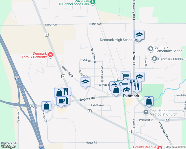 map of restaurants, bars, coffee shops, grocery stores, and more near 404 Sunset Court in Denmark