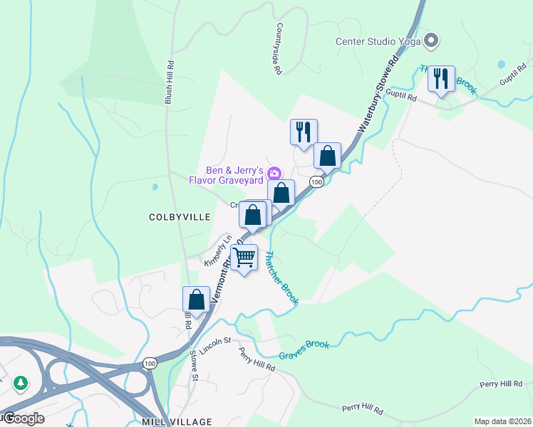 map of restaurants, bars, coffee shops, grocery stores, and more near 20 Crossroad in Waterbury Village Historic District