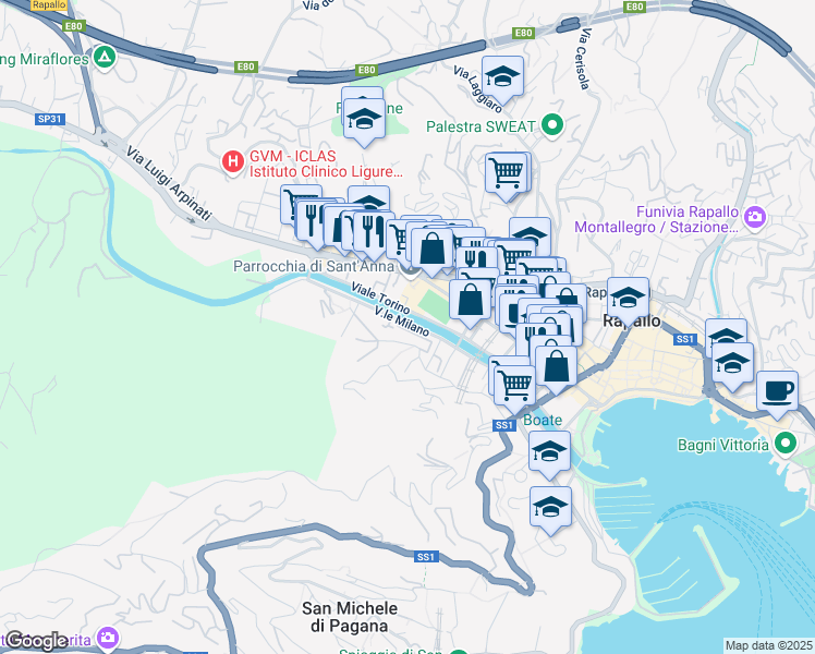 map of restaurants, bars, coffee shops, grocery stores, and more near 19 Viale Milano in Rapallo