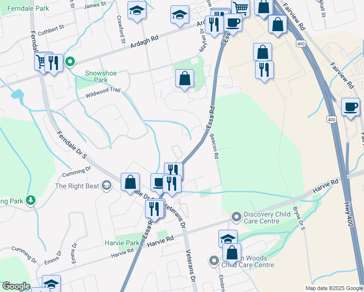 map of restaurants, bars, coffee shops, grocery stores, and more near 359 Essa Road in Barrie
