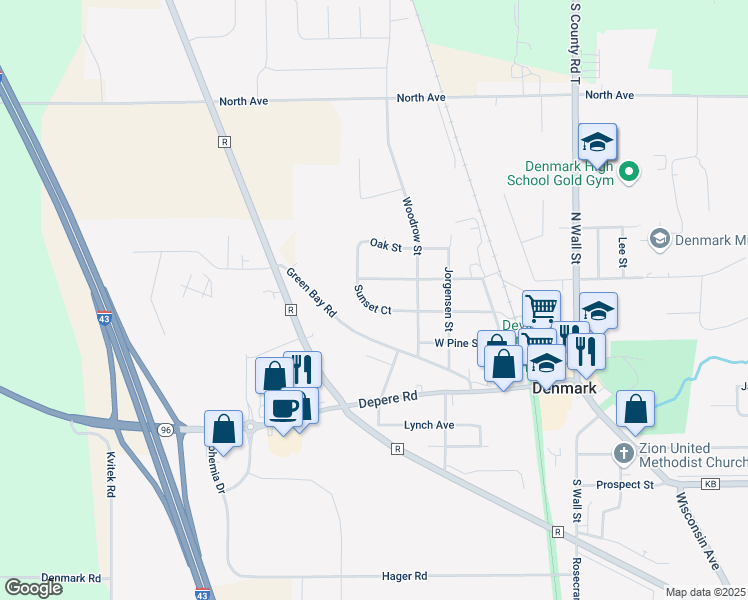 map of restaurants, bars, coffee shops, grocery stores, and more near 446 Sunset Ct in Denmark