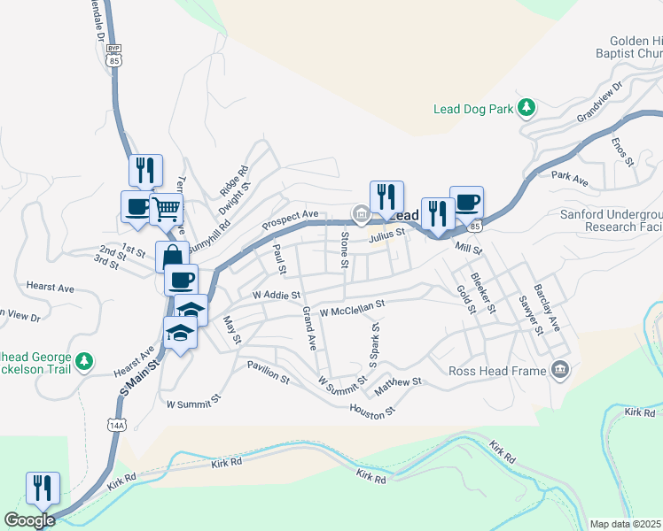 map of restaurants, bars, coffee shops, grocery stores, and more near 118 South Galena Street in Lead