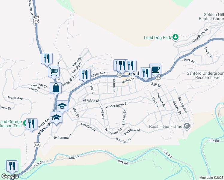 map of restaurants, bars, coffee shops, grocery stores, and more near 118 South Galena Street in Lead