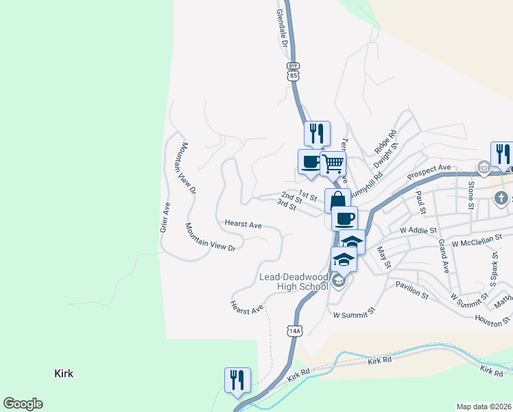 map of restaurants, bars, coffee shops, grocery stores, and more near 200-264 Mountain View Dr in Lead