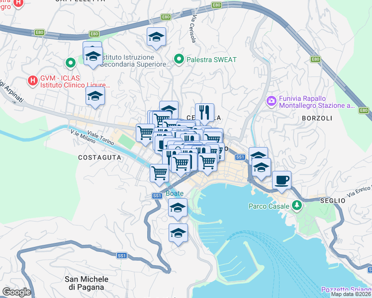 map of restaurants, bars, coffee shops, grocery stores, and more near 90 Via Goffredo Mameli in Rapallo