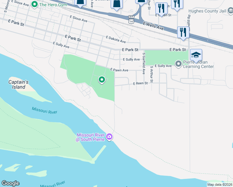map of restaurants, bars, coffee shops, grocery stores, and more near Izaak Walton Road in Pierre
