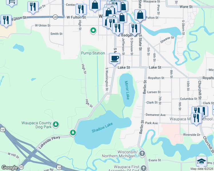map of restaurants, bars, coffee shops, grocery stores, and more near Tioga Street in Waupaca
