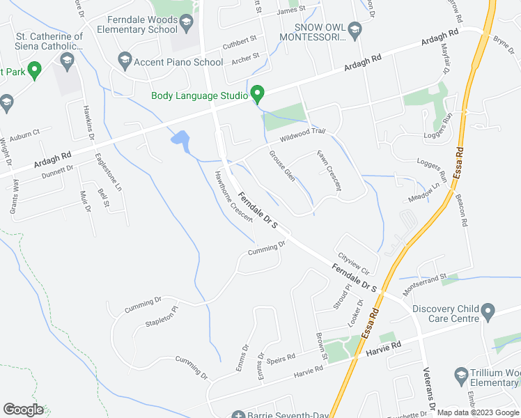 map of restaurants, bars, coffee shops, grocery stores, and more near 391 Ferndale Drive South in Barrie