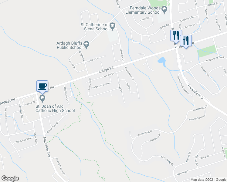 map of restaurants, bars, coffee shops, grocery stores, and more near 11 Grants Way in Barrie
