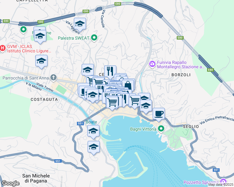 map of restaurants, bars, coffee shops, grocery stores, and more near in Rapallo
