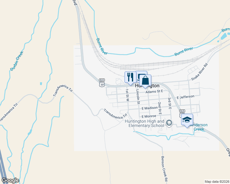 map of restaurants, bars, coffee shops, grocery stores, and more near 205 W Adams St in Huntington