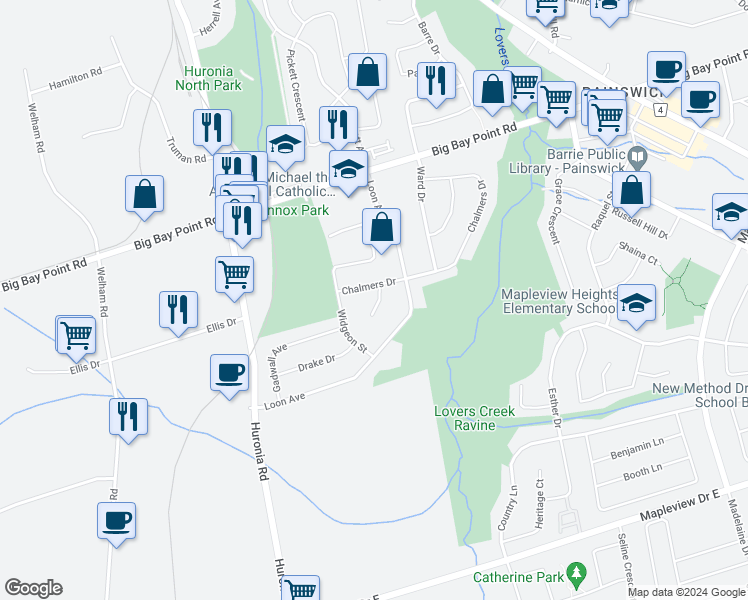 map of restaurants, bars, coffee shops, grocery stores, and more near 7 Teal Place in Barrie