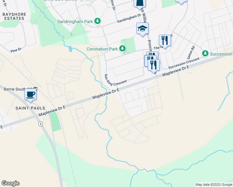map of restaurants, bars, coffee shops, grocery stores, and more near 2045-2477 Mapleview Drive East in Barrie