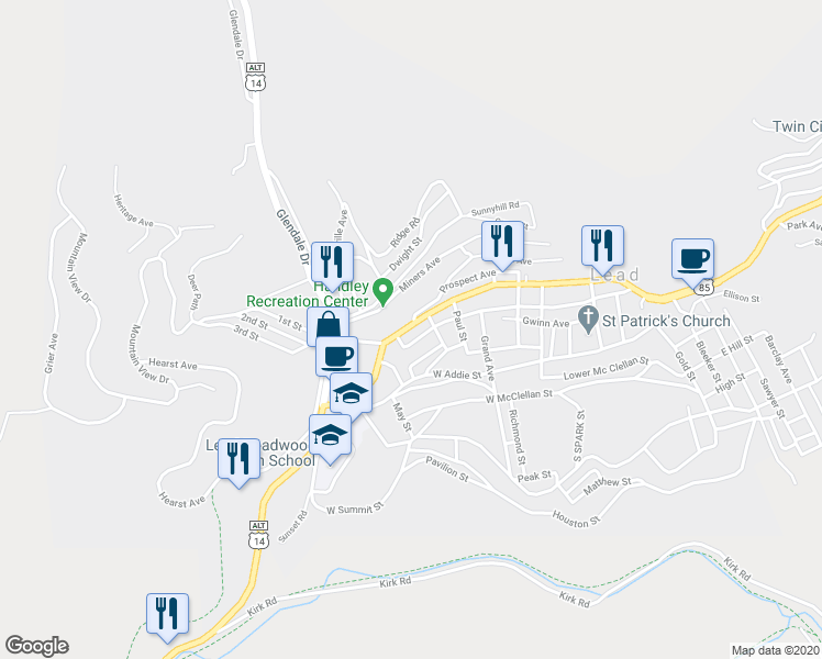 map of restaurants, bars, coffee shops, grocery stores, and more near 815 West Main Street in Lead