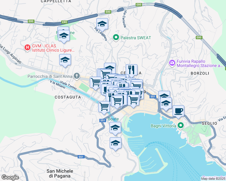 map of restaurants, bars, coffee shops, grocery stores, and more near 90 Via Goffredo Mameli in Rapallo