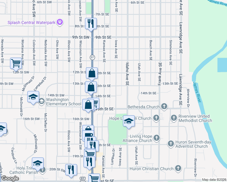 map of restaurants, bars, coffee shops, grocery stores, and more near 1301-1399 Iowa Avenue Southeast in Huron