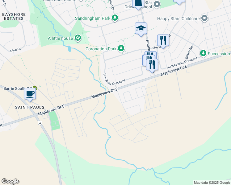 map of restaurants, bars, coffee shops, grocery stores, and more near 2045-2477 Mapleview Drive East in Barrie