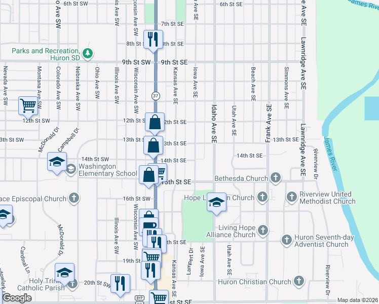 map of restaurants, bars, coffee shops, grocery stores, and more near 1301-1399 Iowa Avenue Southeast in Huron