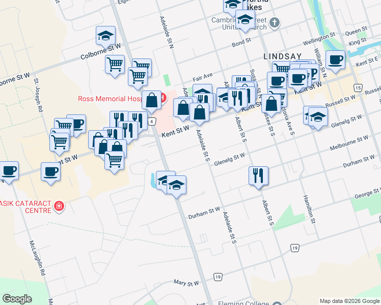 map of restaurants, bars, coffee shops, grocery stores, and more near 5 Roosevelt Street in Kawartha Lakes