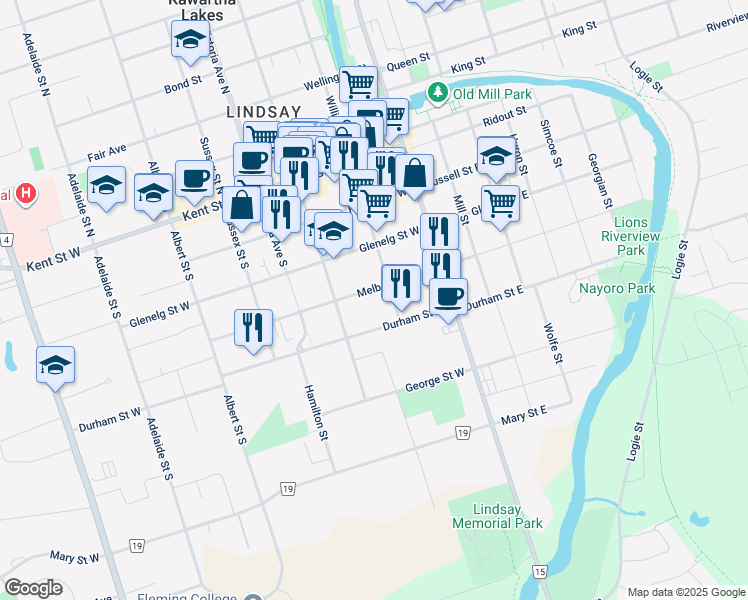 map of restaurants, bars, coffee shops, grocery stores, and more near in Kawartha Lakes