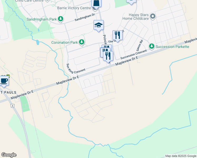 map of restaurants, bars, coffee shops, grocery stores, and more near 1921 Mapleview Drive in Barrie