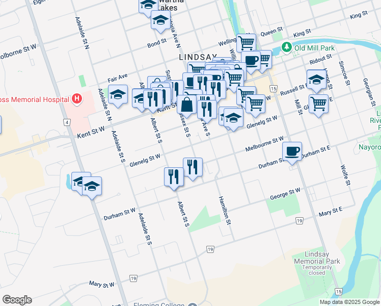 map of restaurants, bars, coffee shops, grocery stores, and more near 45 Sussex Street South in Kawartha Lakes