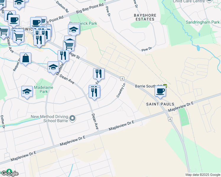 map of restaurants, bars, coffee shops, grocery stores, and more near 75 Joseph Crescent in Barrie