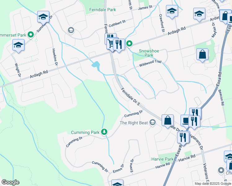 map of restaurants, bars, coffee shops, grocery stores, and more near 76 Hawthorne Crescent in Barrie