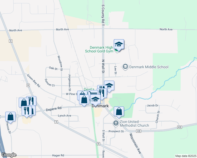 map of restaurants, bars, coffee shops, grocery stores, and more near 283 North Wall Street in Denmark