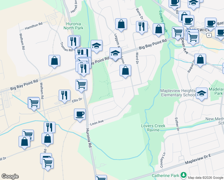 map of restaurants, bars, coffee shops, grocery stores, and more near Widgeon Street in Barrie