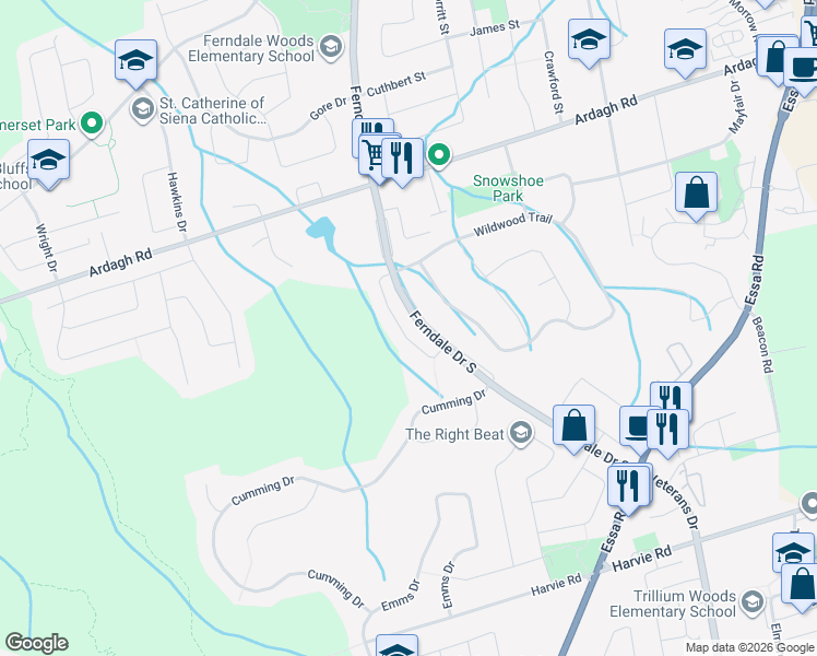 map of restaurants, bars, coffee shops, grocery stores, and more near 77 Hawthorne Crescent in Barrie