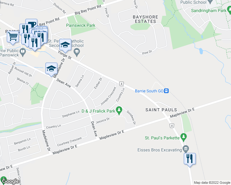 map of restaurants, bars, coffee shops, grocery stores, and more near 68 Joseph Crescent in Barrie