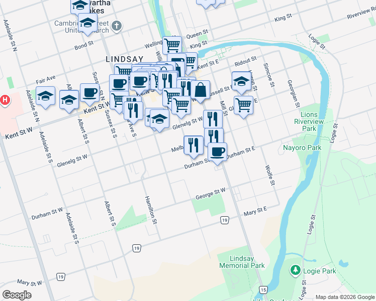 map of restaurants, bars, coffee shops, grocery stores, and more near 73 William Street South in Lindsay