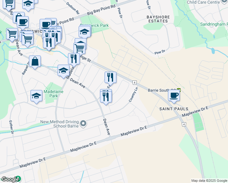 map of restaurants, bars, coffee shops, grocery stores, and more near 18 Joseph Crescent in Barrie