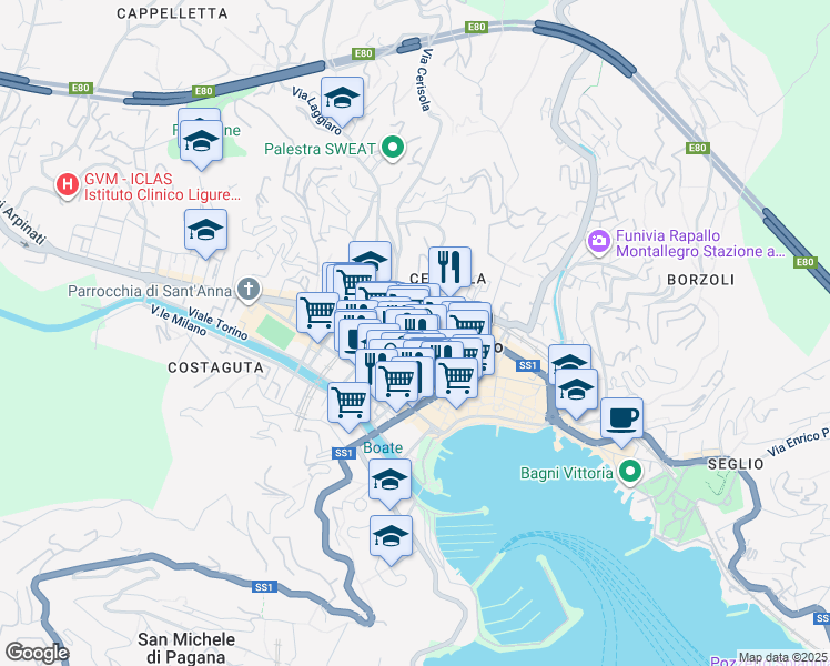 map of restaurants, bars, coffee shops, grocery stores, and more near 90 Via Goffredo Mameli in Rapallo