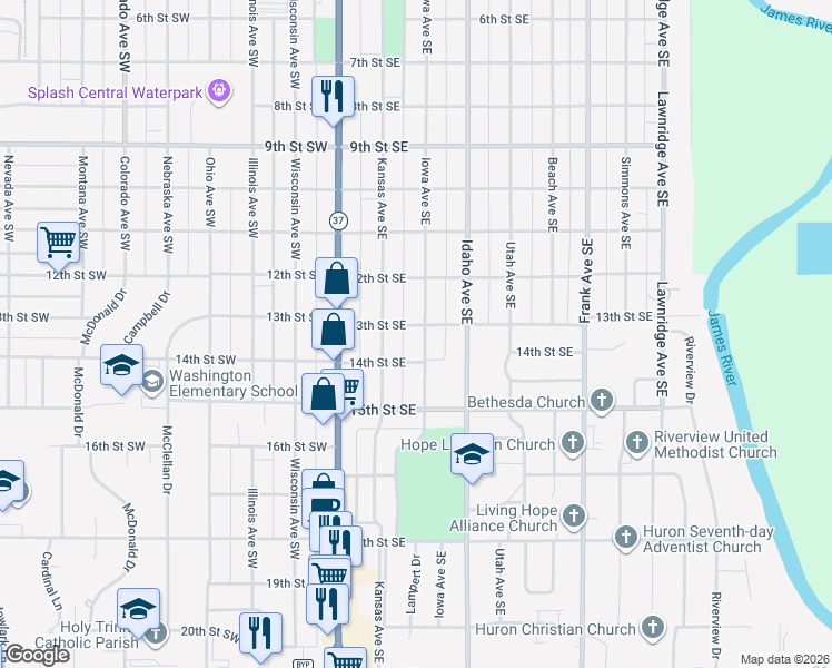 map of restaurants, bars, coffee shops, grocery stores, and more near 1301-1399 Iowa Avenue Southeast in Huron