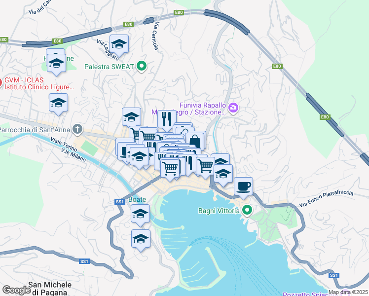 map of restaurants, bars, coffee shops, grocery stores, and more near 5 Piazza Molfino in Rapallo