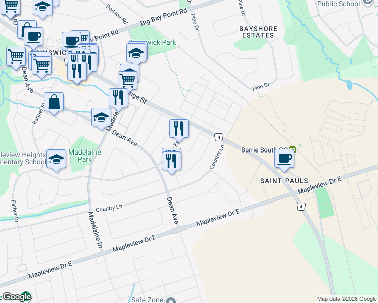 map of restaurants, bars, coffee shops, grocery stores, and more near Joseph Crescent in Barrie