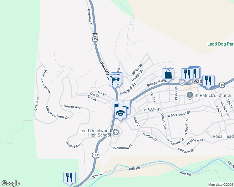 map of restaurants, bars, coffee shops, grocery stores, and more near U.S. 14 Alternate in Lead